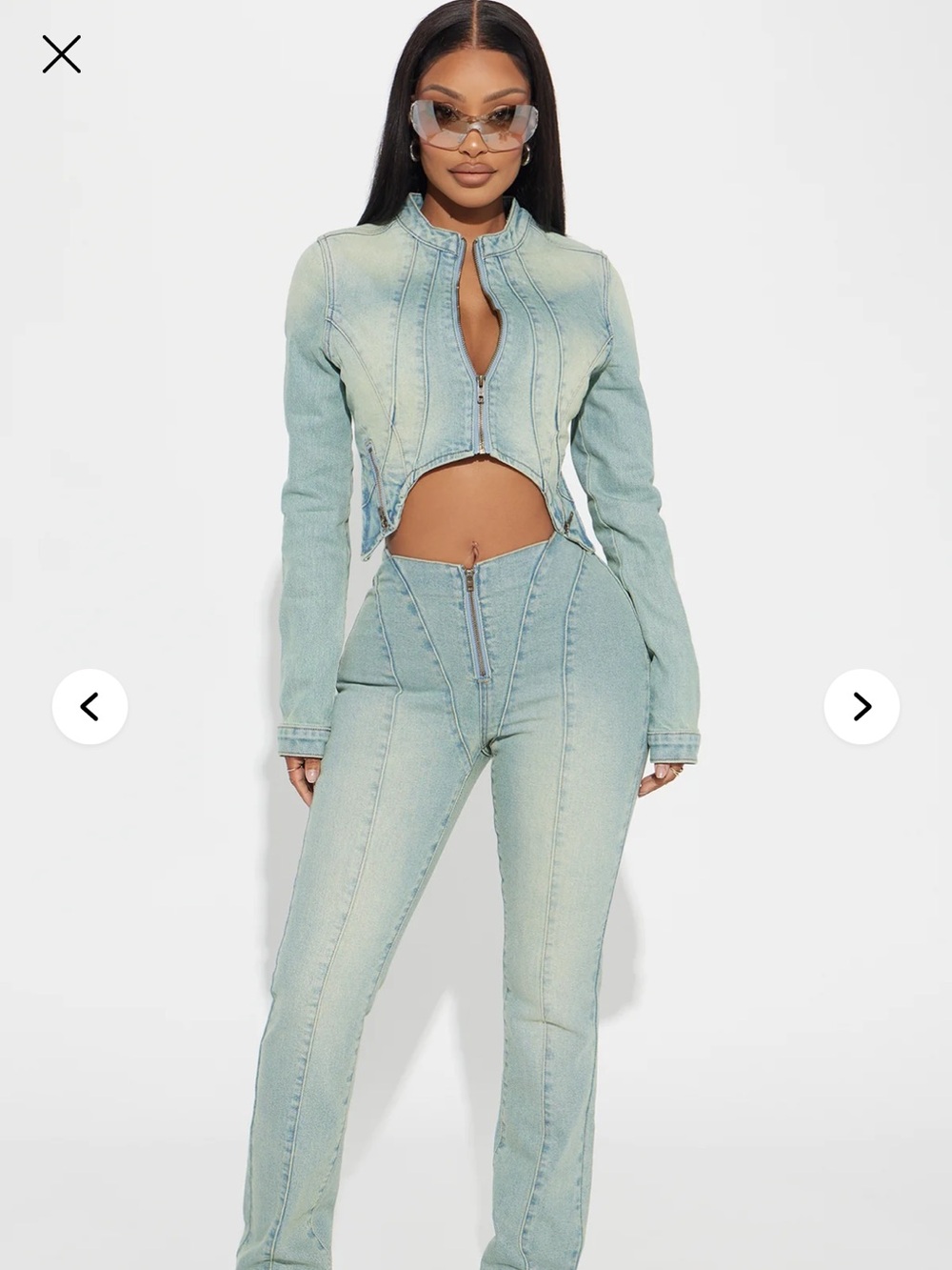 Fashion Nova She’s A Stunner Light Wash High-Rise Zip front denim set